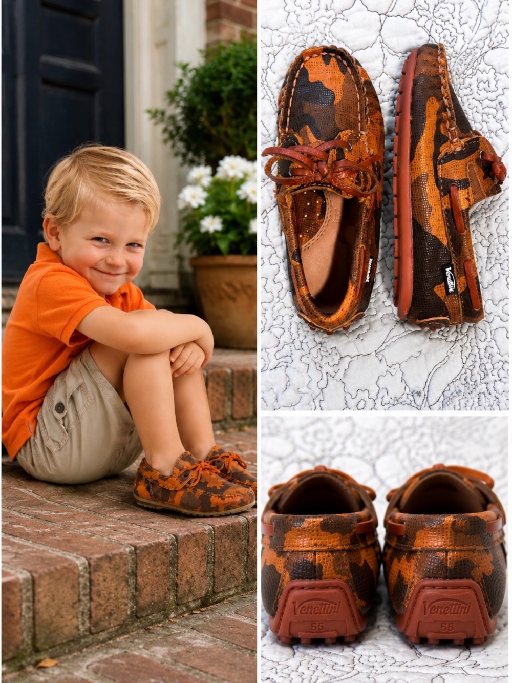 💥Venettini 55 Scott Boys Camo Leather Moccasin Loafers Euro 24- US 7.5/8💛